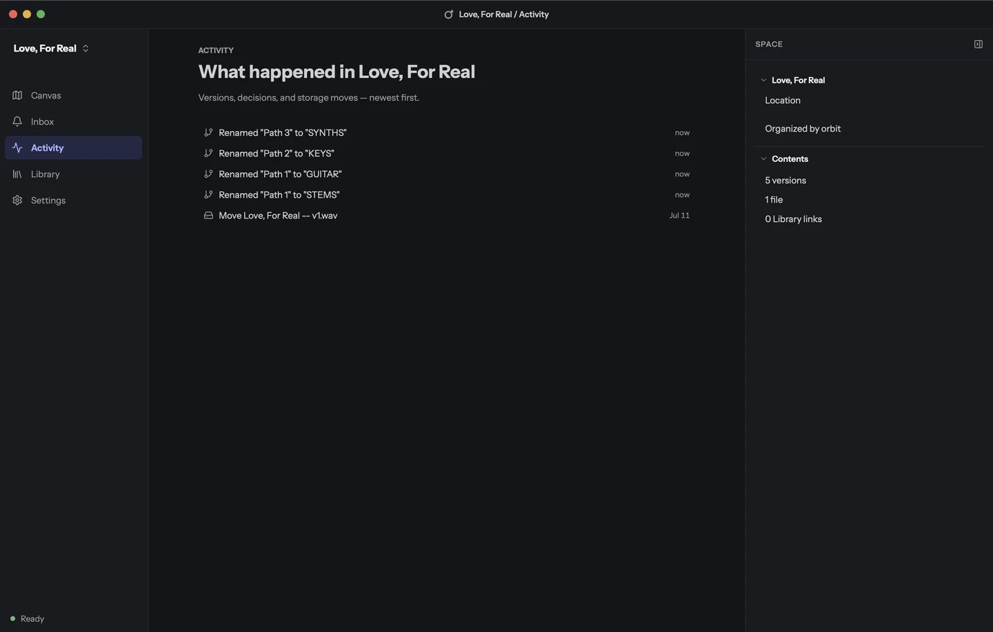 Orbit’s Activity view for “Love, For Real”: a list of what happened, newest first — Path 3 renamed to SYNTHS, Path 2 to KEYS, Path 1 to GUITAR and STEMS, and a file move on Jul 11; on the right, the Space’s contents: 5 versions, 1 file, 0 Library links.