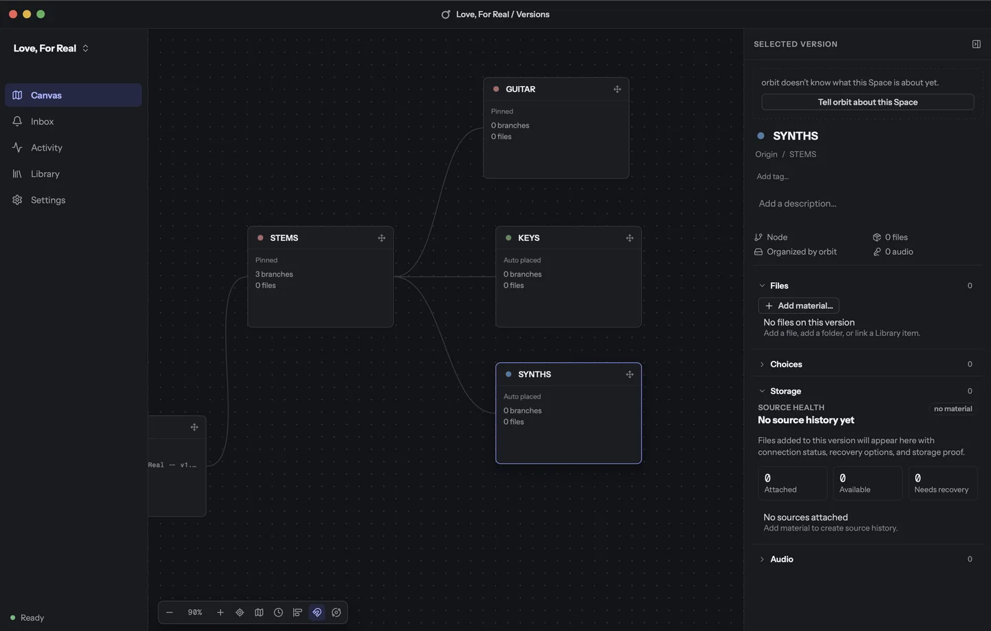 Orbit’s Canvas for the Space “Love, For Real”: version nodes named STEMS, GUITAR, KEYS and SYNTHS joined by curved lines, STEMS pinned with three branches; on the right, the selected version SYNTHS with fields for tags, description, files, choices, storage and audio.